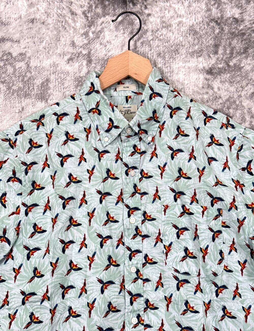 J Crew Slim Fit Shirt Medium Mens 100% Linen Parrot Bird Print